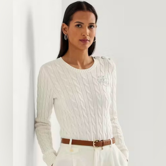 Ralph Lauren Off White Cable Knit Sweater, Crew Neck, Monogram,Silver Buttons, M - Picture 1 of 16